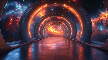 Obraz premium Futuristic corridor with glowing neon lights and a view of a nebula.