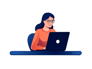 cheerful young female freelancer working at home with laptop With transparent background