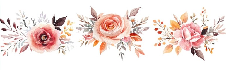 Watercolor floral elements set against a white backdrop for creative designs