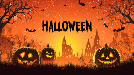 Halloween Card Design Banner Scenery. Text "HALLOWEEN" on a beautiful background. 