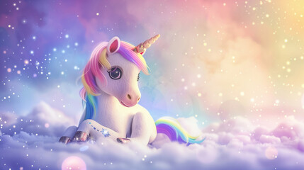 A cute cartoon unicorn with rainbow mane, sitting in the clouds surrounded by stars and glitter