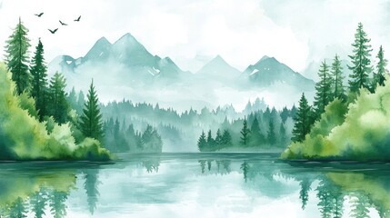 Fototapeta premium Watercolor forest landscape featuring a serene lake majestic mountains and lush greenery Artistic watercolor elements ideal for landscape backgrounds and wallpapers