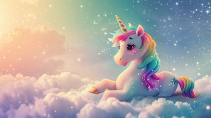 A cute cartoon unicorn with rainbow mane, sitting in the clouds surrounded by stars and glitter