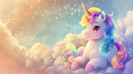 A cute cartoon unicorn with rainbow mane, sitting in the clouds surrounded by stars and glitter