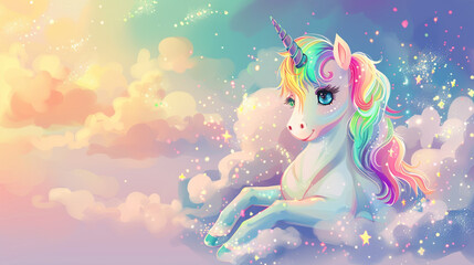A cute cartoon unicorn with rainbow mane, sitting in the clouds surrounded by stars and glitter
