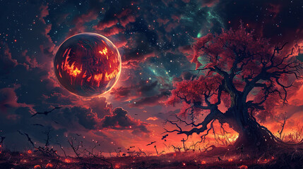 Alien planet with its big Moon in the background