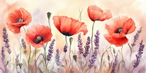 Obraz premium Watercolor depiction of poppy flowers and lavender