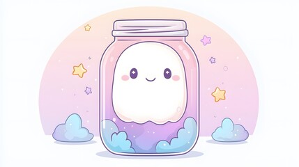 Obraz premium Cute Ghost in a Jar with Stars and Clouds.