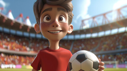 A boy wearing a red football t-shirt and red shoes, happy expression, with a football ball on a stadium.