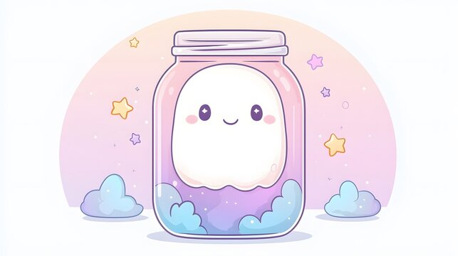 Cute Ghost in a Jar with Stars and Clouds.