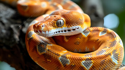Fototapeta premium Amazon Tree Boa coiled around a tree branch, its scales glistening in the light