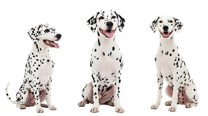 happy dalmatian dog collection (portrait, sitting, standing) isolated on a white background as transparent PNG, animal bundle