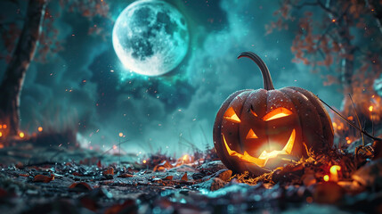 halloween night pumpkin with moon in background