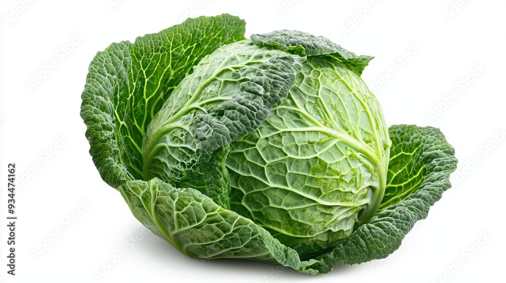 Poster fresh green cabbage isolated on a white background showcasing its vibrant color and textured leaves