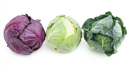 Obraz premium Three Varieties of Cabbage Displayed White Background Showcasing Their Distinct Colors and Textures