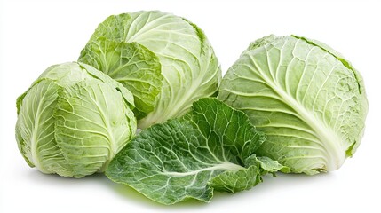 Obraz premium Fresh Green Cabbages Isolated White Background Showcasing Their Vibrant Leaves Healthy Appearance