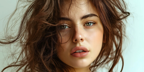 Naklejka premium Portrait of a Woman with Wavy Hair and Natural Makeup in Soft Lighting
