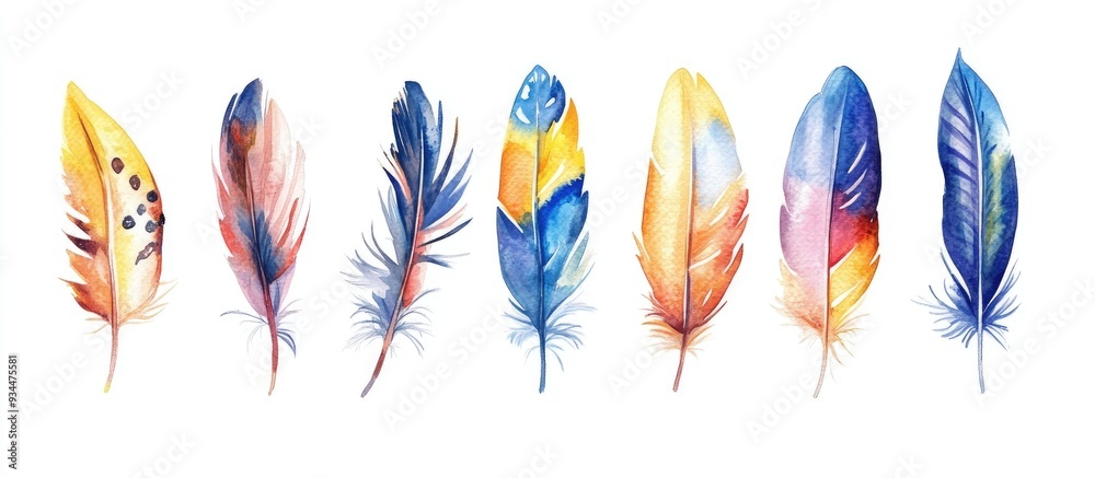 Poster watercolor feather collection on a white background