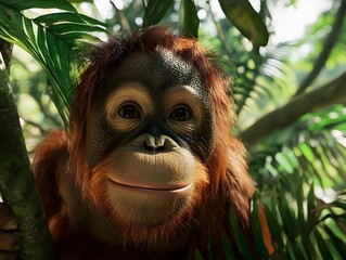 Obraz premium Serene Virtual Reality of Endangered Orangutan Habitat in Lush Rainforest Ecosystem