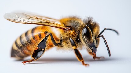 Macro Photograph of a Bee on White Background with Copy Space

