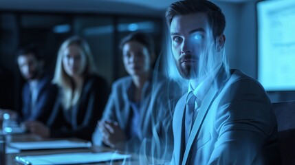 Businessman is using an augmented reality facial recognition system to identify individuals during a meeting in a modern office