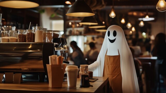 Friendly ghost in an apron brews coffee in a halloween-themed cafe, creating a festive and spooky atmosphere perfect for enjoying a seasonal beverage on a crisp autumn day