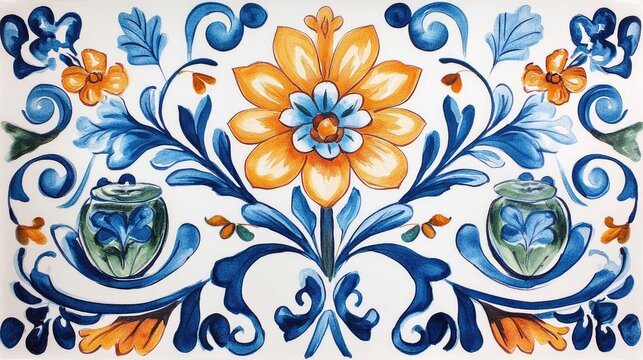 Watercolor illustration of a majolica tile featuring floral and leaf embroidery Mediterranean inspired porcelain pottery with ceramic dishes in folk print style Elements reminiscent of Talavera azu