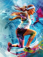 Energetic female athlete running on abstract background.