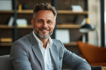Fototapeta premium office, happy, portrait of a businessman in his 40s, looking at the camera, random clothes. modern style