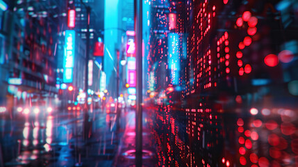 City street with houses and buildings with glowing windows at night, perspective view. 