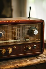 A vintage radio on a wooden table the dial tuned to a channel labeled Podcast  AI generated illustration