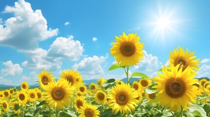 Obraz premium A vivid 3D image of a field of sunflowers under a sunny sky AI generated illustration