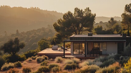 A wide shot of a little house located in the mountains designed with neutral color tones  AI generated illustration
