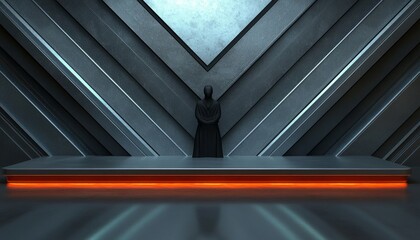 Obraz premium Black Figure Standing on a Lighted Platform in a Modern, Geometric Room