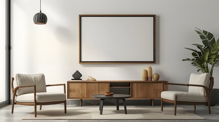 Obraz premium A wooden frame encapsulates a minimalistic cinema poster in a contemporary room setting AI generated illustration