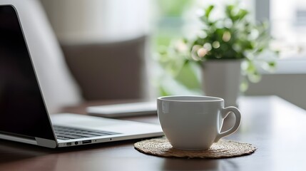 A workspace with a laptop and coffee cup  AI generated illustration