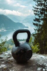 A zoomed-in view of a kettlebell overlooking a nature landscape  AI generated illustration