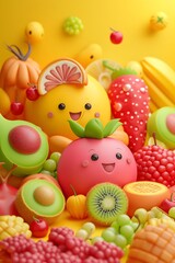 Abstract 3D background featuring adorable fruit characters  AI generated illustration