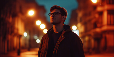 Fototapeta premium Thoughtful Young Man in Glasses Walking Alone on City Street at Night with Bokeh Lights