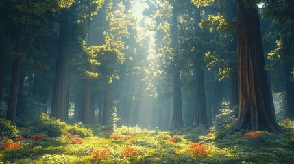 Fototapeta premium Magical Forest Scene with Towering Redwoods and Soft Mist Wallpaper