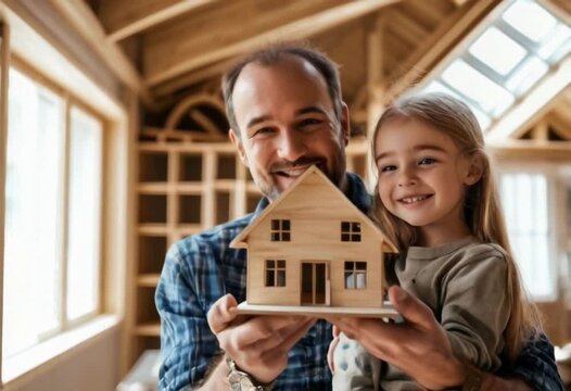 Father and daughter proudly holding a wooden house model.