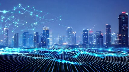 A futuristic city skyline illuminated by digital elements, showcasing advanced technology and data visualization.