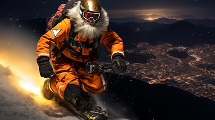 Fototapeta premium Santa claus snowboarding with gifts in city lights, festive winter adventure concept on snowy hill