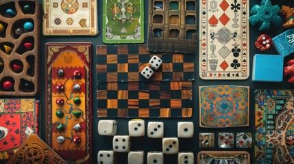 A Colorful Array of Vintage Board Games and Dice