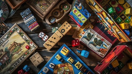 Fototapeta premium Images of classic board games, puzzle pieces, game boards, dice, and playing cards.