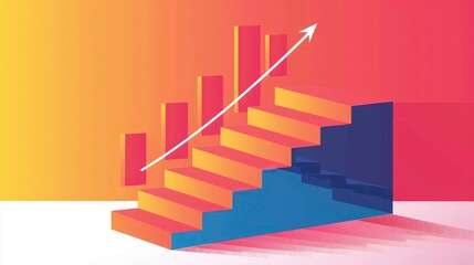 Fototapeta premium A stylized illustration of a staircase with an upward arrow on a gradient background, suggesting growth and progress.