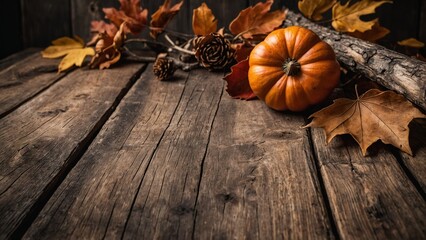 Rustic wood board orange pumpkin and leaves autumn mockup background