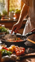 Cooking Delight: A chef preparing a delicious meal in a well-equipped kitchen