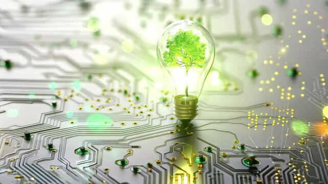 A glowing light bulb illuminates a complex circuit board design, symbolizing innovation and technology in a digital world.