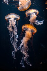 An abstract view of floating jellyfish in deep water lit from below  AI generated illustration